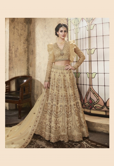 beige net embroidered lehenga choli with frilled 28001