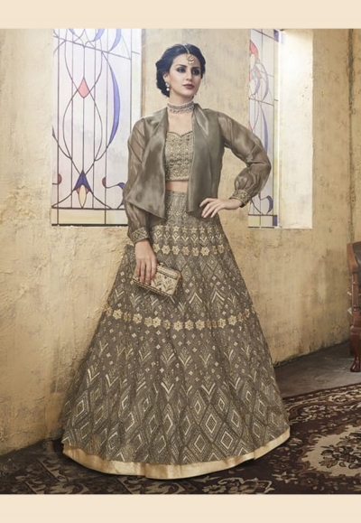 gray net lehenga choli with short jacket full balloon sleeve 28006