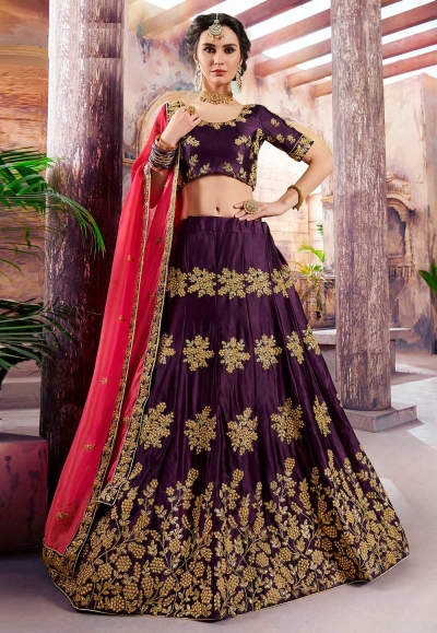 purple satin embroidered lehenga choli 4002