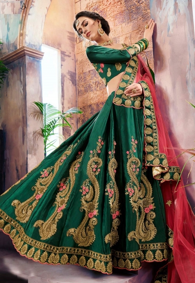 green satin embroidered lehenga choli 4004