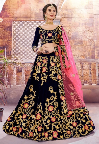 navy blue velvet circular lehenga choli 4007