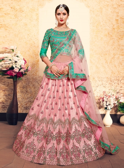 pink satin circular lehenga choli 1601