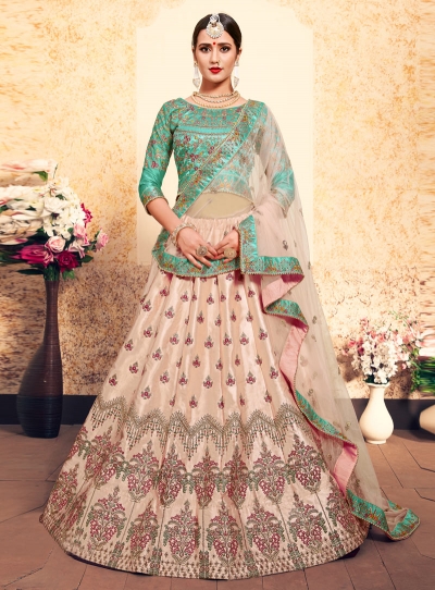 peach satin circular lehenga choli 1603