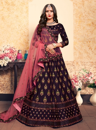 purple satin circular lehenga choli 1612