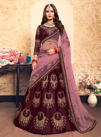 wine satin circular lehenga choli 1618