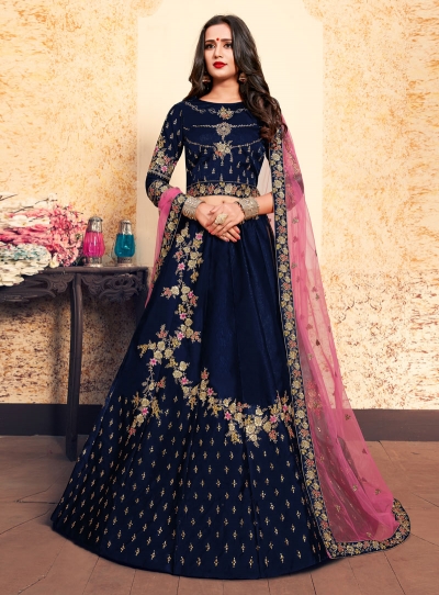 navy blue satin circular lehenga choli 1622