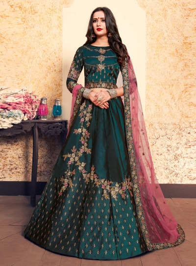 teal satin circular lehenga choli 1624