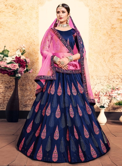 blue satin lehenga choli 1626