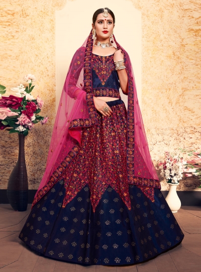 navy blue satin lehenga choli 1607