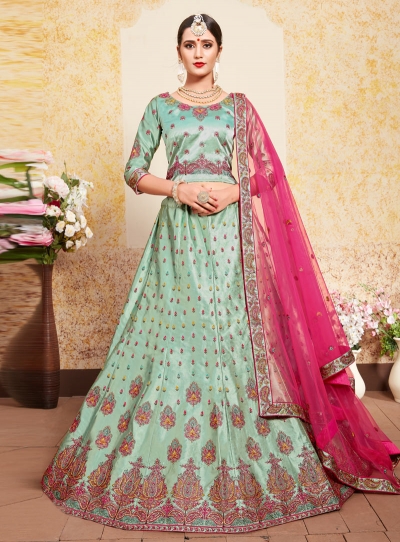 sea green satin lehenga choli 1616