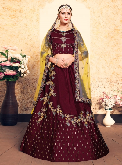 maroon satin lehenga choli 1625