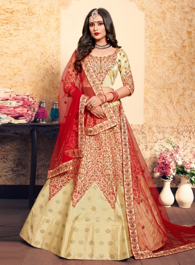 cream satin circular lehenga choli 1606