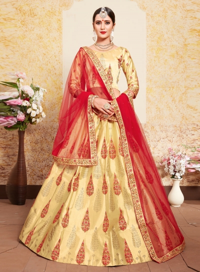 yellow satin circular lehenga choli 1627