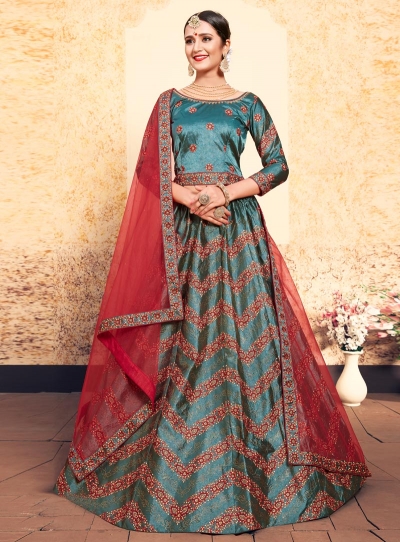 pine green satin circular lehenga choli 1635