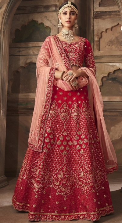 red heavy work un stitched lehenga choli 10001