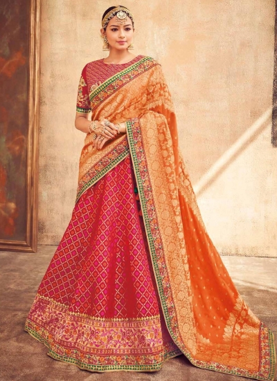 Red and Orange silk Indian wedding lehenga