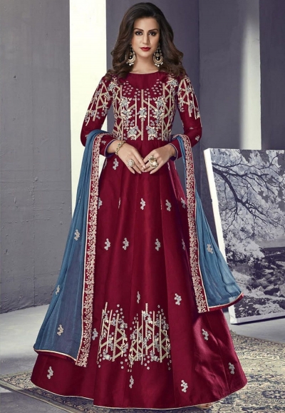 maroon tussar silk embroidered long anarkali suit 702