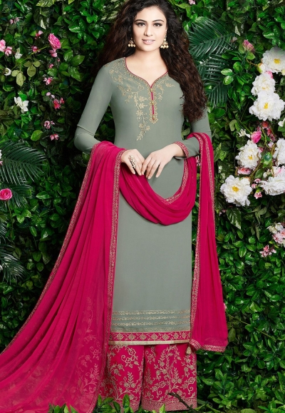 grey pink georgette embroidered palazzo style pakistani suit 30005