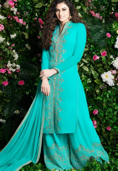 sky blue georgette embroidered palazzo style pakistani suit 30004