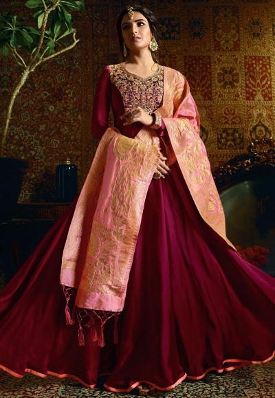 magenta satin georgette embroidered floor length anarkali suit 11058