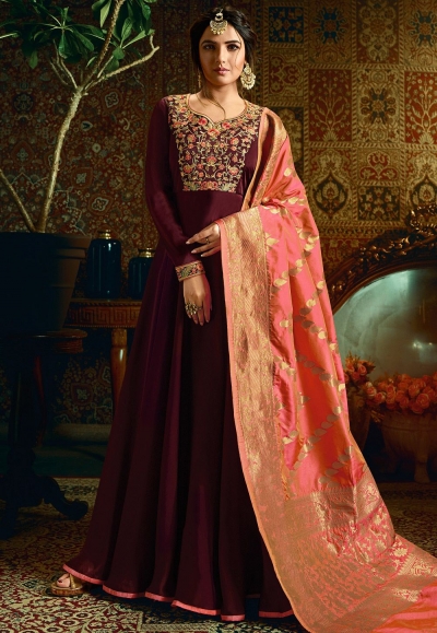 wine satin georgette embroidered floor length anarkali suit 11056