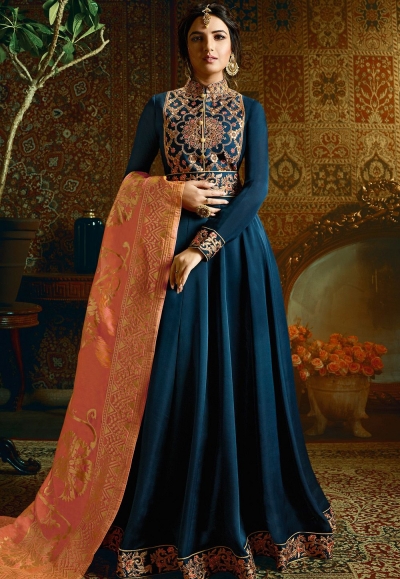 royal blue satin georgette embroidered floor length anarkali suit 11055