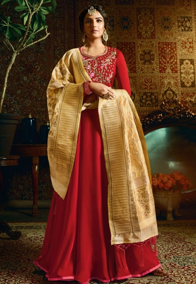 red satin georgette embroidered floor length anarkali suit 11054