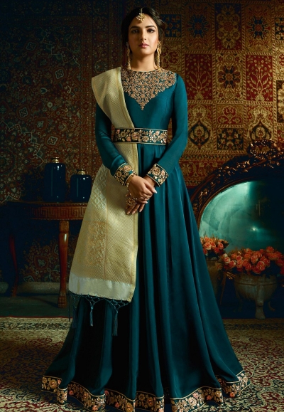 blue satin georgette embroidered floor length anarkali suit 11053