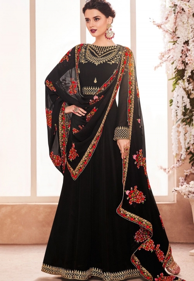 black georgette long embroidered anarkali suit 8124