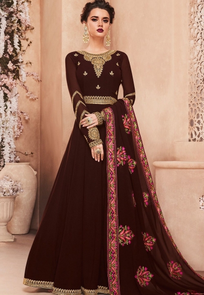 brown georgette long embroidered anarkali suit 8121