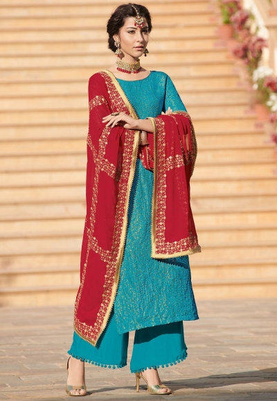 blue brocade jacquard palazzo style pakistani suit 6804