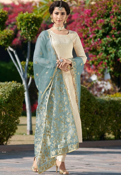 cream brocade jacquard pakistani churidar suit 6802