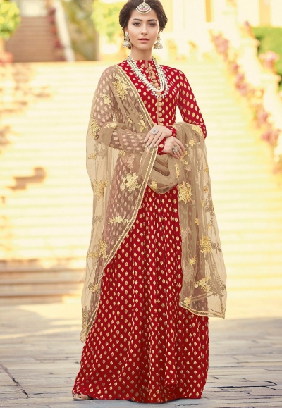 red viscose jacquard silk long pakistani suit 6801