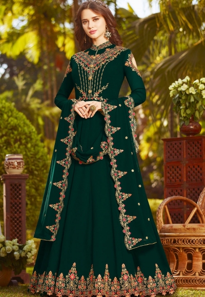 dark green georgette embroidered floor length anarkali suit 20028