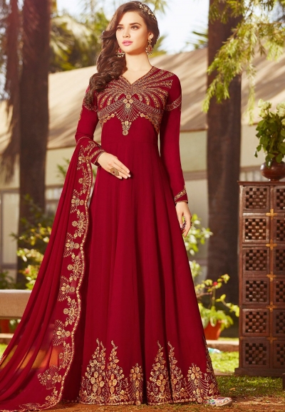 red georgette embroidered floor length anarkali suit 20025