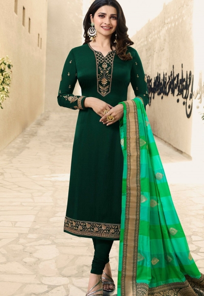 prachi desai dark green satin georgette straight cut suit with banarasi dupatta 9877