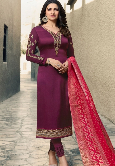 prachi desai mauve satin georgette straight cut suit with banarasi dupatta 9876
