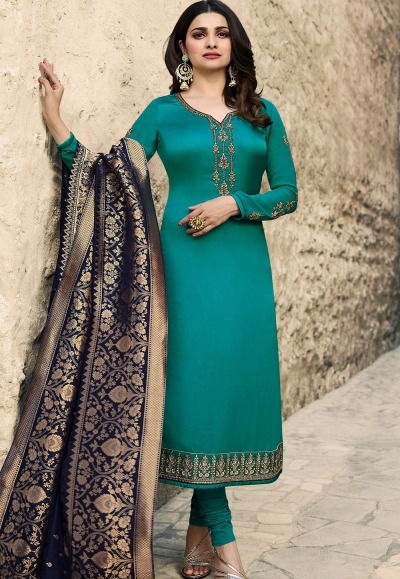 prachi desai teal green satin georgette straight cut suit with banarasi dupatta 9874