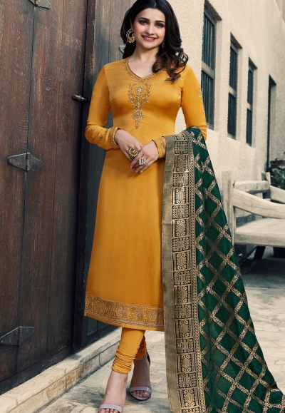 prachi desai yellow satin georgette straight cut suit with banarasi dupatta 9872