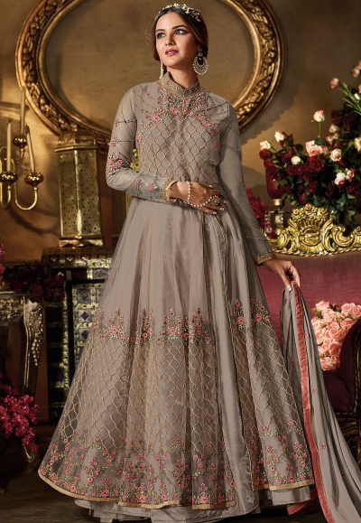 grey net satin embroidered floor length lehenga style suit 11065