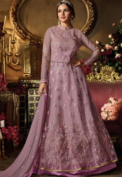 mauve net satin embroidered lehenga style suit 11064