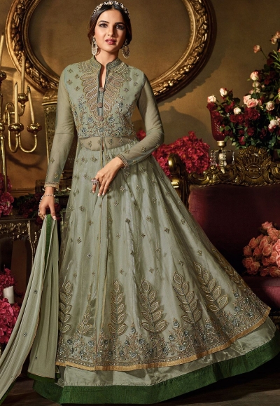 green shade net satin embroidered lehenga style suit 11062