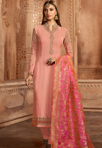 pink georgette embroidered straight churidar suit 12087