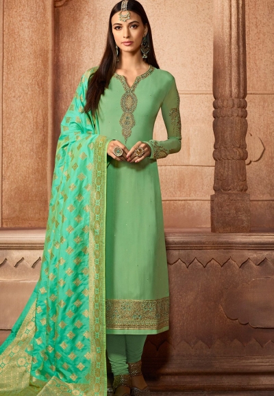 green shade georgette embroidered straight churidar suit 12086