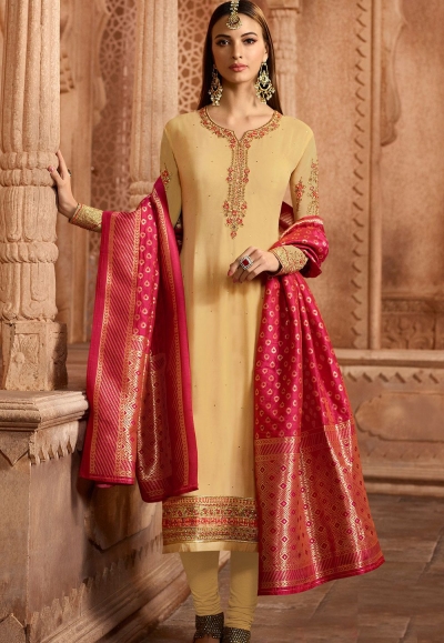 beige georgette embroidered straight churidar suit 12084