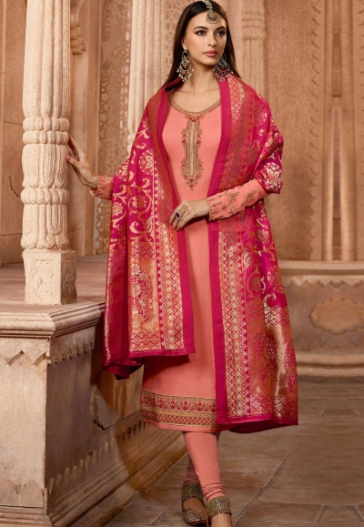 light pink georgette embroidered straight churidar suit 12082