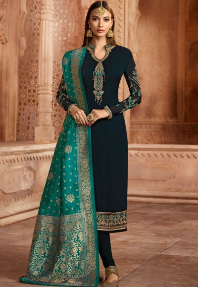 dark blue georgette embroidered straight churidar suit 12081