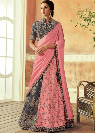 Pink and grey color tafetta silk Indian wedding lehenga choli 7804