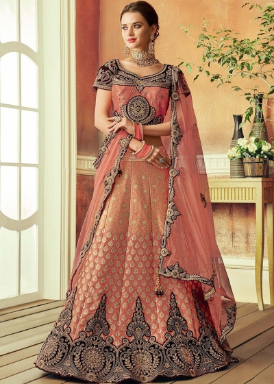 Peach weaved silk Indian wedding lehenga choli 7808