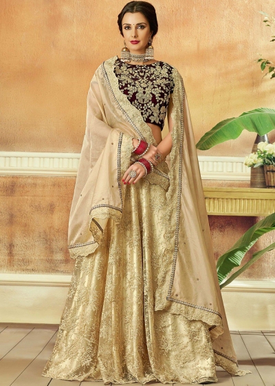 Cream Net silk Indian wedding lehenga choli 7809